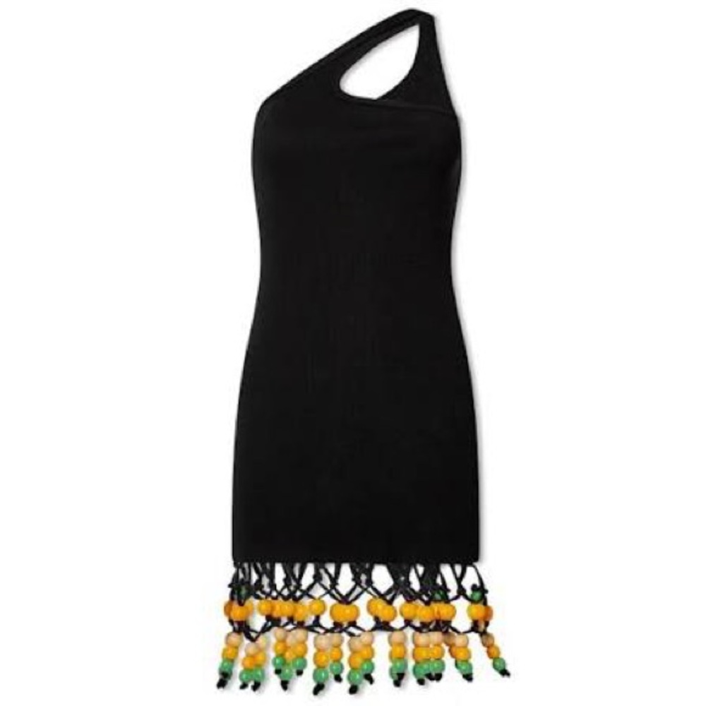 Simon Miller Black Waata One-Shoulder Dress with Beaded Fringe